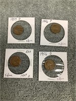 Four Wheat Pennies - 1957D (Red), 1956D, 1957D,