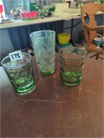 3 green glasses 2 small, one medium glassware
