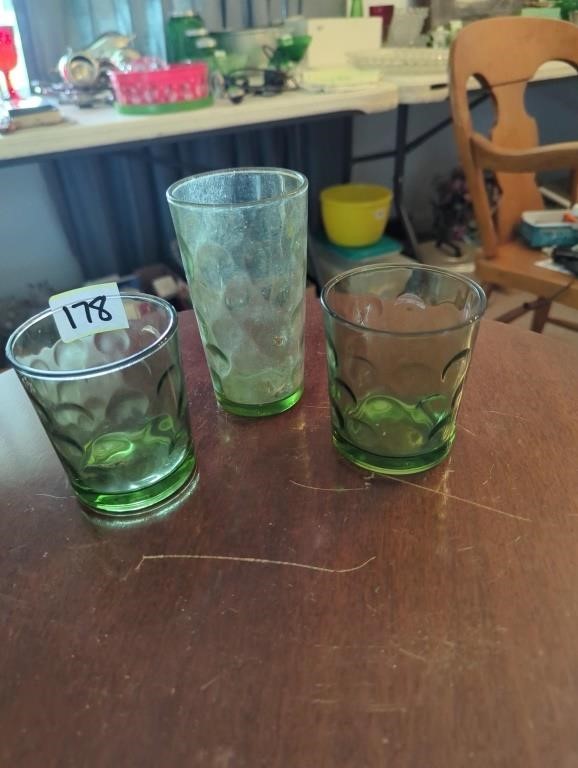 3 green glasses 2 small, one medium glassware