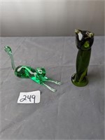 Lot of 2 Green Art Glass cats