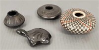 3 miniature decorated Southwest pots & 1 turtle