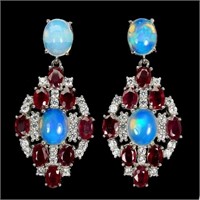 Natural Ethopian White Opal and Red Ruby Earrings