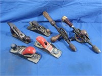 4 Hand Block Planes, 2 Antique Hand Drills