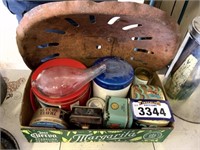 Box of misc tins, Tractor Seat and