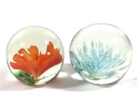 2 Art Glass Paperweights, Floral Orbs
