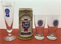 * (3) Glasses & (1) stein 2 Pabst extra light ,