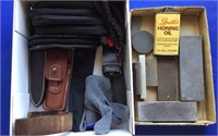 Assorted Sheaths, Sharpening Stones, Oil, Misc.