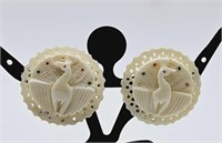 Vintage Hand Carved Bone Peacock Clip Earrings