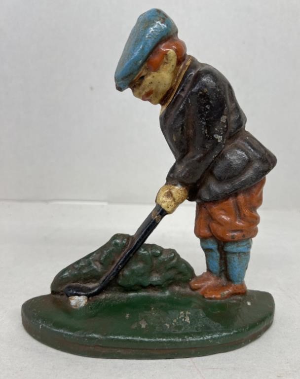 Cast iron golfer doorstop older 7 1/2 inches h