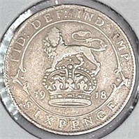 1918 Britain .925 Silver Six Pence