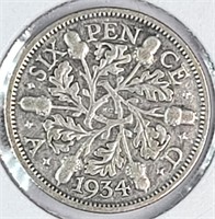 1934 Britain Silver Six Pence