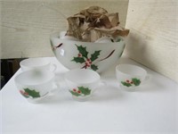 Satin Glass with Holly Punch Bowl and Cups