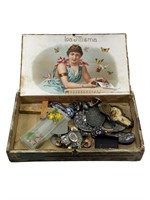 Vintage Cigar Box w/ Assorted Small Items