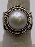 SIGNED AE 14K GOLD,STERLING SILVER & PEARL RING