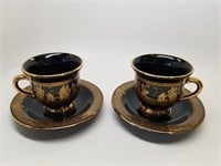 Two Spyropoulos Cups and Saucers, 24k Gold