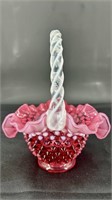 Fenton Cranberry Opal Hobnail Twist Handle Basket