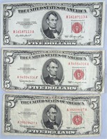 3 RED SEAL US $5 FIVE DOLLAR BILLS - 1953 & 1963