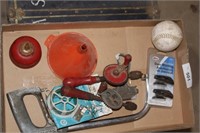 ASSORTMENT OF TOOLS, DEER WHISTELS, FUNNEL,