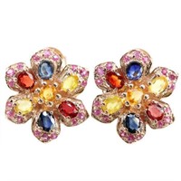 MULTI COLOR SAPPHIRE & RED RUBY Flower Earrings