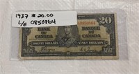 CANADIAN 20 DOLLAR BILL - 1937