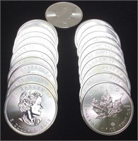 23 SILVER CANADIAN MAPLE COINS, 99.9% SILVER