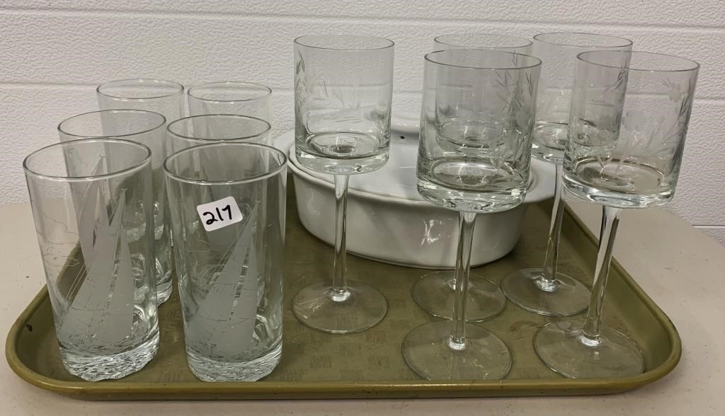 Ship Glasses,Etched Glasses,White Covered Dish