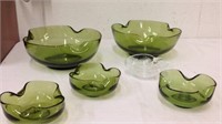 Green glass bowls & one glass Apple shaped dish