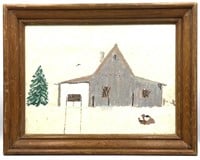 Barn Winter Landscape Painting on Canvas Panel