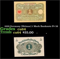 1920 Germany (Weimar) 1 Mark Banknote P# 58 Grades