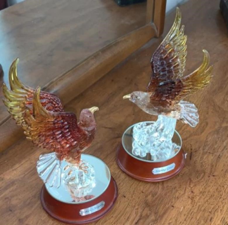 2 Illuminated Art Glass "Eagle" Sculptures