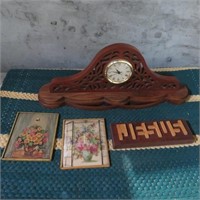 Wooden Clock, Jesus Sign & Vintage Pictures