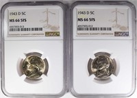 (2) 1943-D JEFFERSON NICKELS, NGC-MS66 5FS