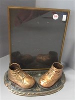 Vintage baby bronze shoes with picture frame.