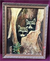 Large Oil on Canvas Raccoons in Trunk Picture