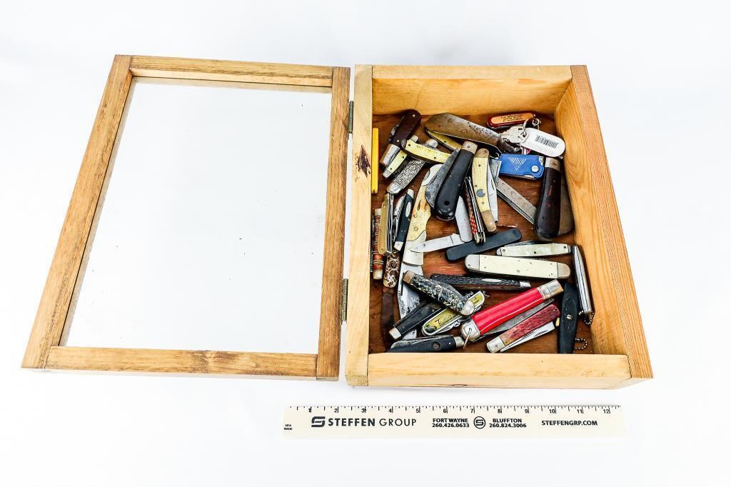 Wooden Case of Assorted Pocket Knives