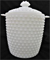 VINTAGE WHITE HOBNAIL GLASS COOKIE JAR W/LID