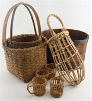 2 baskets, one wooden pale