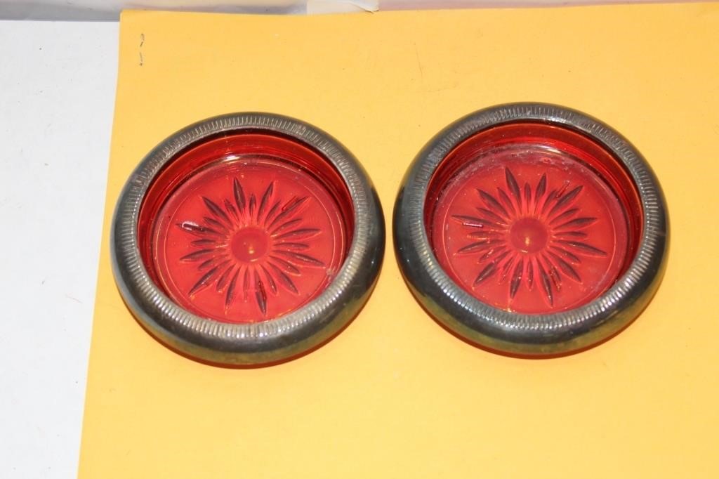Lot of Two Ruby Red and Sterling Coasters