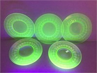 Seven Vaseline Glass Dinner Plates