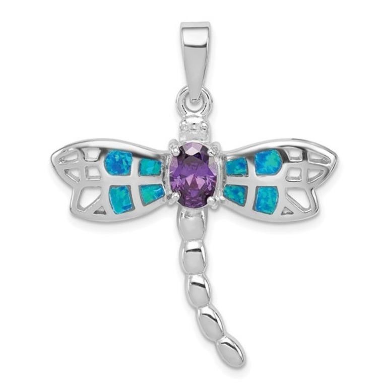 Sterling Silver Created Opal Dragonfly Pendant