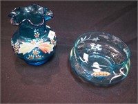 Two blue glass handpainted items: 4 1/2" vase