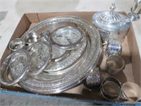 BOX OF SILVERPLATE ASH TRAY, SERVING TRAYS, NAPKIN