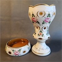 Amber Cased Glass Vase & Ashtray -handpainted