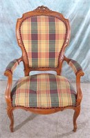 PLAID ARMCHAIR WITH ORNATE WOOD TRIM FRENCH STYLE