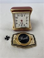Vintage Westclox travel clock, belt buckle and pin