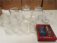 13 Lidded Glass Canisters-Cookie Jars/ Shot Set