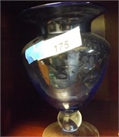 Blue Floral Etched Footed Vase