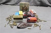 Assorted Brass, Reloading Book & Leather Pistol