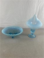 Fenton blue vase and footed bowl