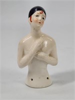 ANTIQUE GERMAN PORCELAIN HALF DOLL PIN CUSHION